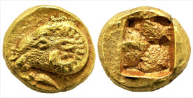 Greek
IONIA. Phokaia. (Circa 625/0-522 BC)
EL Myshemihekte – 1/24 Stater (4.2mm 0.60g). 
Obv: Head of ram left; below, small seal left 
Rev: Quadripar...