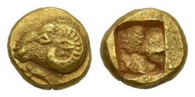 Greek
IONIA. Phokaia. (Circa 625/0-522 BC)
EL Myshemihekte – 1/24 Stater (4.2mm 0.60g).
Obv: Head of ram left; below, small seal left
Rev: Quadrip...
