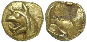 Greek
IONIA. Phokaia. (Circa 625/0-600 BC).
EL 1/96 Stater (2mm 0.16g) 
Obv: Head of griffin with open mouth to left 
Rev: Quadripartite incuse square...