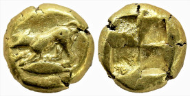 Greek 
MYSIA. Kyzikos. (Circa 550-500 BC).
EL Hemihekte (5.9mm 1.3g)
Obv: Hound (or wolf) at bay left on tunny left.
Rev: Quadripartite incuse square....
