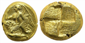 Greek
MYSIA. Kyzikos. (5th-4th centuries BC) 
EL Hekte (8.4mm 2.68g) 
Obv: Nike, holding aphlaston, kneeling left on tunny left 
Rev:Quadripartite inc...