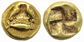 Greek 
MYSIA. Kyzikos. (Circa 450-400 BC),
EL Myshemihekte – 1/24 Stater (4.4mm 0.70g) 
Obv: Two eagles, with closed wings, confronting each other and...