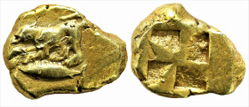 Greek
MYSIA. Kyzikos. (Circa 500-450 BC) 
EL Hekte (10.2mm 2.69g)
Obv: Dog crouching to left on tunny left. 
Rev: Quadripartite incuse square. 
BMFA 1...