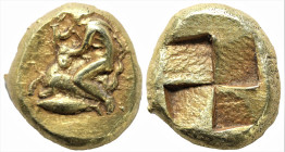 Greek
MYSIA. Kyzikos. (Circa 450-330 BC). 
EL Hekte – Sixth Stater (9mm 2.65g). 
Obv: Naked Kabir wearing pileus and chlamys kneeling left over ram, w...