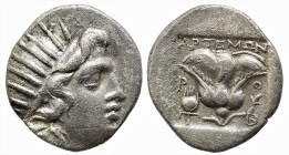 Greek Coins
CARIA. Rhodes. (Circa 170-150 BC). Artemon, magistrate.
AR Drachm (14.1mm 2.7g)
Obv: Radiate head of Helios right.
Rev: APTEMΩN, rose with...