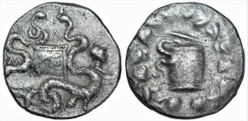 Greek
LYDIA. Tralles (166-67 BC).
AR Cistophoric tetradrachm (23.5mm 12.27g)
Obv: Cista mystica with serpent, within ivy wreath.
Rev: Two snakes coile...