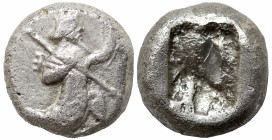 Greek
ACHAEMENID EMPIRE. Time of Darios I to Xerxes II (485-420 BC). Sardes.
AR Siglos (12.5mm 5.38g)
Obv: Persian king in kneeling-running stance rig...