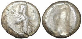 Greek
ACHAEMENID EMPIRE. Time of Darios I to Xerxes II (485-420 BC). Sardes.
AR Siglos (12.8mm 5.54g)
Obv: Persian king in kneeling-running stance rig...