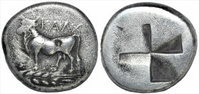 Greek
BITHYNIA. Kalchedon. (Circa 340-320 BC).
AR Siglos (15.9mm 4.97g)
Obv: Bull standing left on grain ear; KAΛX above
Rev: Quadripartite incuse squ...