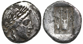 Greek
LYKIAN LEAGUE. Masikytes (Circa 44-18 BC)
AR Hemidrachm (13.2mm 1.7g)
Obv: Laureate head of Apollo to right.
Rev: Kithara; M-A across fields, se...