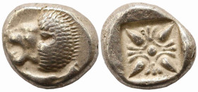 Greek
IONIA. Miletos. (Late 6th-early 5th centuries BC).
AR Diobol or Hemihekte (8mm 1.44g)
Obv: Forepart of lion right, head left.
Rev: Stellate flor...