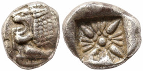 Greek
IONIA. Miletos. (Late 6th-early 5th centuries BC).
AR Diobol or Hemihekte (7.5mm 1.04g)
Obv: Forepart of lion right, head left.
Rev: Stellate fl...