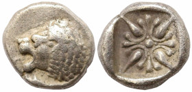 Greek
IONIA. Miletos. (Late 6th-early 5th centuries BC).
AR Diobol or Hemihekte (7.4mm 1.2g)
Obv: Forepart of lion right, head left.
Rev: Stellate flo...