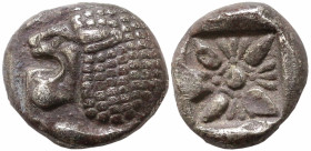 Greek
IONIA. Miletos. (Late 6th-early 5th centuries BC).
AR Diobol or Hemihekte (7.3mm 1.1g)
Obv: Forepart of lion right, head left.
Rev: Stellate flo...