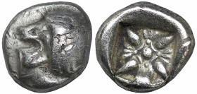 Greek
IONIA. Miletos. (Late 6th-early 5th centuries BC).
AR Diobol or Hemihekte (7.5mm 1.18g)
Obv: Forepart of lion right, head left.
Rev: Stellate fl...
