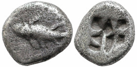 Greek
MYSIA. Kyzikos. (600-550 BC)
AR diobol (7.9mm 1.36g)
Obv: Tunnh fish swimming left, view from above. 
Rev: Irregular Incuse punch
Apparently unp...
