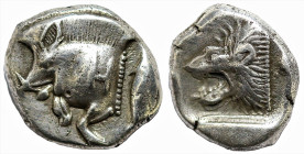 Greek
MYSIA. Kyzikos (Circa 525-475 BC)
AR Diobol (8.3mm 1.16g)
Obv: Forepart of running boar left, H on shoulder; to right, tunny upward
Rev: Head of...
