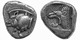 Greek
MYSIA. Kyzikos (Circa 450-400 BC)
AR Diobol (9.2mm 1.18g)
Obv: Forepart of a boar running to left; to right, tunny fish swimming upwards.
Rev: L...