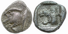 Greek
MYSIA, Kyzikos (Circa 450-400 BC)
AR Diobol (9.2mm 1.18g)
Obv: Forepart of a boar running to left; to right, tunny fish swimming upwards.
Rev: L...