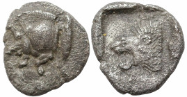 Greek
MYSIA. Kyzikos (Circa 450-400 BC)
AR Diobol (9mm 1.05g)
Obv: Forepart of a boar running to left; to right, tunny fish swimming upwards.
Rev: Lio...