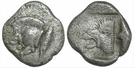 Greek
MYSIA. Kyzikos (Circa 450-400 BC)
AR Diobol (8.2mm 1.09g)
Obv: Forepart of a boar running to left; to right, tunny fish swimming upwards.
Rev: L...