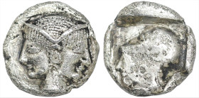 Greek
MYSIA. Lampsakos. (Circa 500-450 BC). 
AR Diobol (7.8mm 1.07g)
Obv: Female janiform head.
Rev: Helmeted head of Athena left within incuse square...