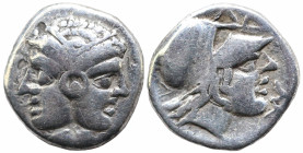 Greek
MYSIA. Lampsakos. (Circa 390-330 BC).
AR Diobol (9mm 1.21g).
Obv: Janiform female head with circular earring 
Obv: Λ-Α-M-Ψ-A Head of Athena to r...