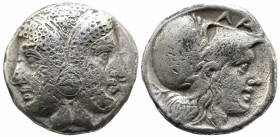 Greek
MYSIA. Lampsakos. (Circa 390-330 BC).
AR Diobol (8.7mm 1.15g)
Obv: Janiform female head with circular earring 
Obv: Λ-Α-M-Ψ-A Head of Athena to ...