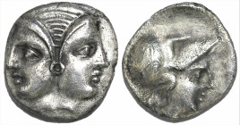 Greek
MYSIA. Lampsakos. (Circa 4th-3rd century BC)
AR Diobol (9.8mm 1.08g)
Obv: Female janiform head.
Rev: Helmeted head of Athena right.
SNG France 1...
