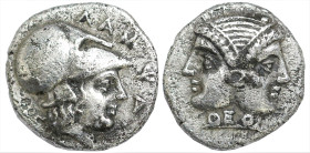 Greek
MYSIA. Lampsakos. (Circa 4th-3rd centuries BC).
AR Diobol (9mm 1.14g)
Obv: Janiform female head; ΘEO on neck.
Rev: Head of Athena right, wearing...