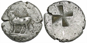 Greek
BITHYNIA. Kalchedon. (Circa 340-320 BC).
AR Trihemiobol or 1/4 Siglos (8.7mm 1.06g)
Obv: KA. Bull standing left, grain ear below.
Rev:Quadri...