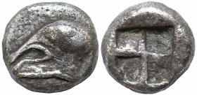 Greek
IONIA. Uncertain mint. (Circa 600-550 BC).
AR Obol (5mm 0.69g)
Obv: Corinthian helmet to left
Rev: Quadripartite incuse square.
SNG Kayhan ...