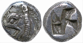 Greek
IONIA. Phokaia. (Circa 521-478 BC)
AR Obol (5.9mm 0.75g)
Obv: Head of griffin to left
Rev: Rough incuse square.
SNG Copenhagen -; SNG von A...