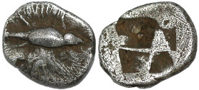 Greek
IONIA. Phokaia. (Circa 550-500 BC)
AR Obol (5.9mm 0.75g)
Obv: Seal swimming right
Rev: Quadripartite incuse square
Apparently Unpublished