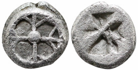 Greek
ATTICA. Athens. (Circa 515-510 BC). "Wappenmünzen" type.
AR Obol (5mm 0.51g)
Obv: Wheel with four spokes.
Rev: Quadripartite incuse square, ...