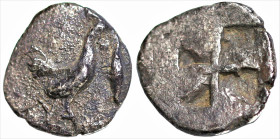 * EXTREMELY RARE *
Greek
MYSIA. Kyzikos. (Circa 500 BC).
AR Obol (7.3mm 0.54g)
Obv: Rooster standing right, before tunny
Rev: Square incuse punch...
