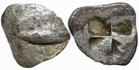 Greek
MYSIA. Kyzikos. (Circa 500 BC)
AR Obol (7.1mm 0.52g)
Obv: Tunny fish swimming to right
Rev: Quadripartite incuse square.
Von Fritze II, 5 v...