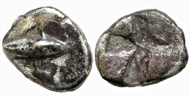 Greek
MYSIA. Kyzikos. (Circa 500 BC)
AR Obol (7.1mm 0.52g)
Obv: Tunny fish swimming to left
Rev: Quadripartite incuse square.
Von Fritze II, 5; c...