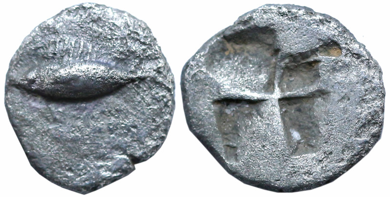 Greek
MYSIA. Kyzikos. (Circa 500 BC)
AR Obol (7.1mm 0.54g)
Obv: Tunny fish sw...