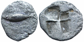 Greek
MYSIA. Kyzikos. (Circa 500 BC)
AR Obol (7.1mm 0.54g)
Obv: Tunny fish swimming to left
Rev: Quadripartite incuse square.
Von Fritze II, 5; c...