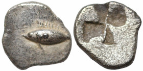 Greek
MYSIA. Kyzikos. (Circa 500 BC)
AR Obol (8.2mm 0.57g)
Obv: Tunny fish swimming to left
Rev: Quadripartite incuse square.
Von Fritze II, 5; c...