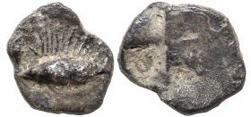 Greek
MYSIA. Kyzikos. (Circa 500 BC)
AR Obol (7.1mm 0.64g)
Obv: Tunny fish swimming to left
Rev: Quadripartite incuse square.
Von Fritze II, 5; c...