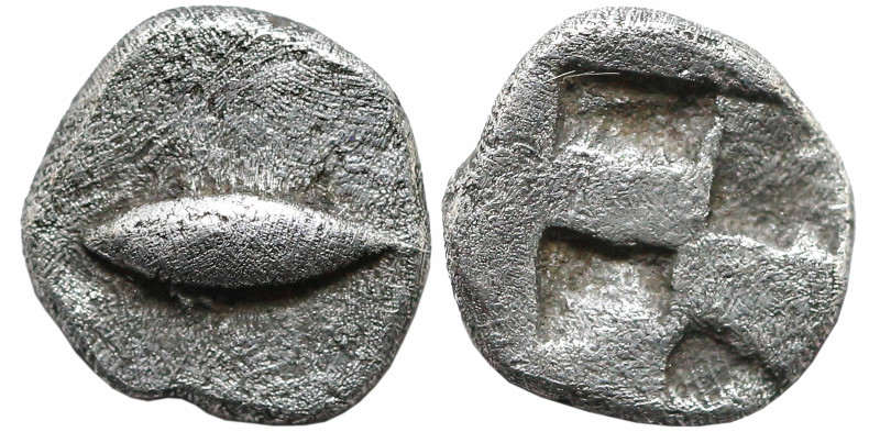 Greek
MYSIA. Kyzikos. (Circa 500 BC)
AR Obol (6mm 0.59g)
Obv: Tunny fish swim...