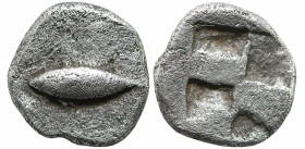 Greek
MYSIA. Kyzikos. (Circa 500 BC)
AR Obol (6mm 0.59g)
Obv: Tunny fish swimming to left
Rev: Quadripartite incuse square.
Von Fritze II, 5; cf....