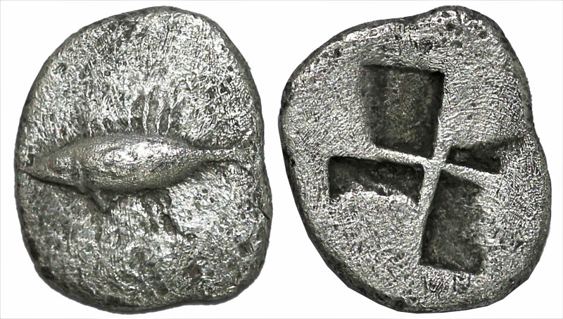 Greek
MYSIA. Kyzikos. (Circa 500 BC)
AR Obol (6.5mm 0.54g)
Obv: Tunny fish sw...