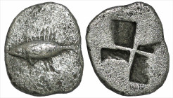 Greek
MYSIA. Kyzikos. (Circa 500 BC)
AR Obol (6.5mm 0.54g)
Obv: Tunny fish swimming to left
Rev: Quadripartite incuse square.
Von Fritze II, 5; c...