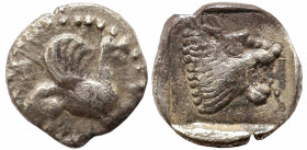 Greek
TROAS. Assos. (5th century BC)
AR Obol (6.3mm 0.49g)
Obv: Griffin seated right, raising forepaw.
Rev: Lion's head right within incuse square...
