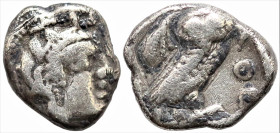 Greek
ATTICA. Athens (Circa 454-404 BC)
AR Obol (6.4mm 0.64g)
Obv: Helmeted head of Athena right
Rev: AΘE. Owl standing right, head facing; olive ...