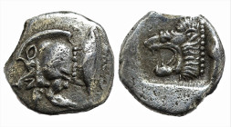 Greek
MYSIA. Kyzikos. (Circa 450-400 BC)
AR Obol (8.9mm 0.93g)
Obv: Forepart of boar left, with E (retrograde) on shoulder; to right, tunny upward....