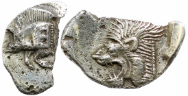 Greek
MYSIA. Kyzikos. (Circa 450-400 BC)
AR Obol (8.1mm 0.6g)
Obv: Forepart of boar left, with E (retrograde) on shoulder; to right, tunny upward....